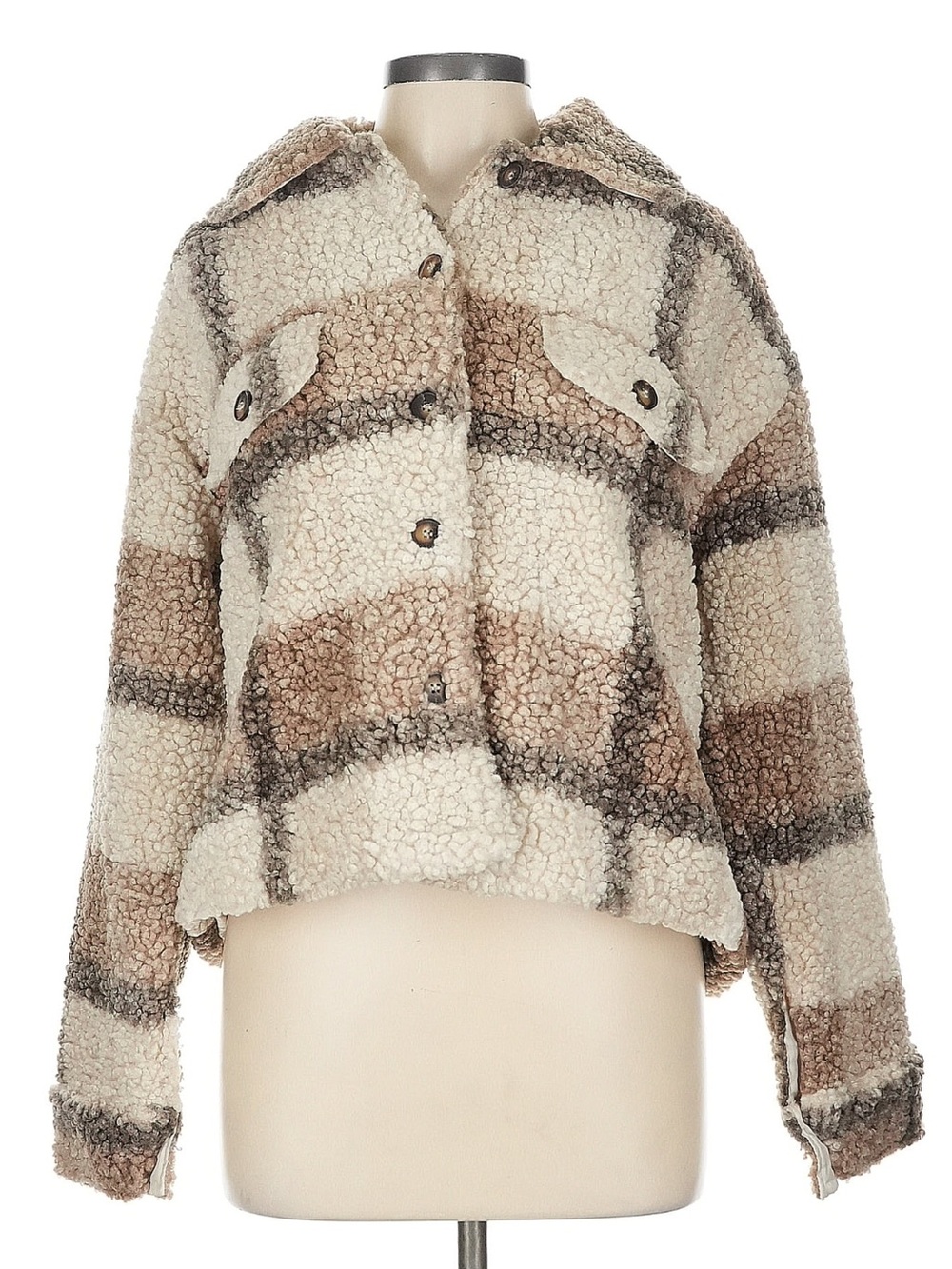 Shaggy Plaid Sherpa Jacket - Cream & Brown